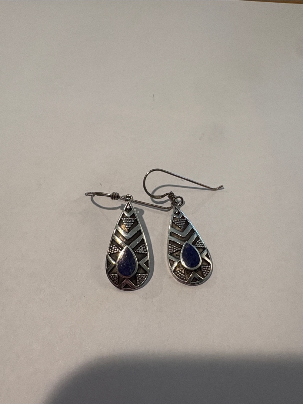 Silver Teardrop Earrings with Dark Blue Accent Stone - Women's Jewelry
